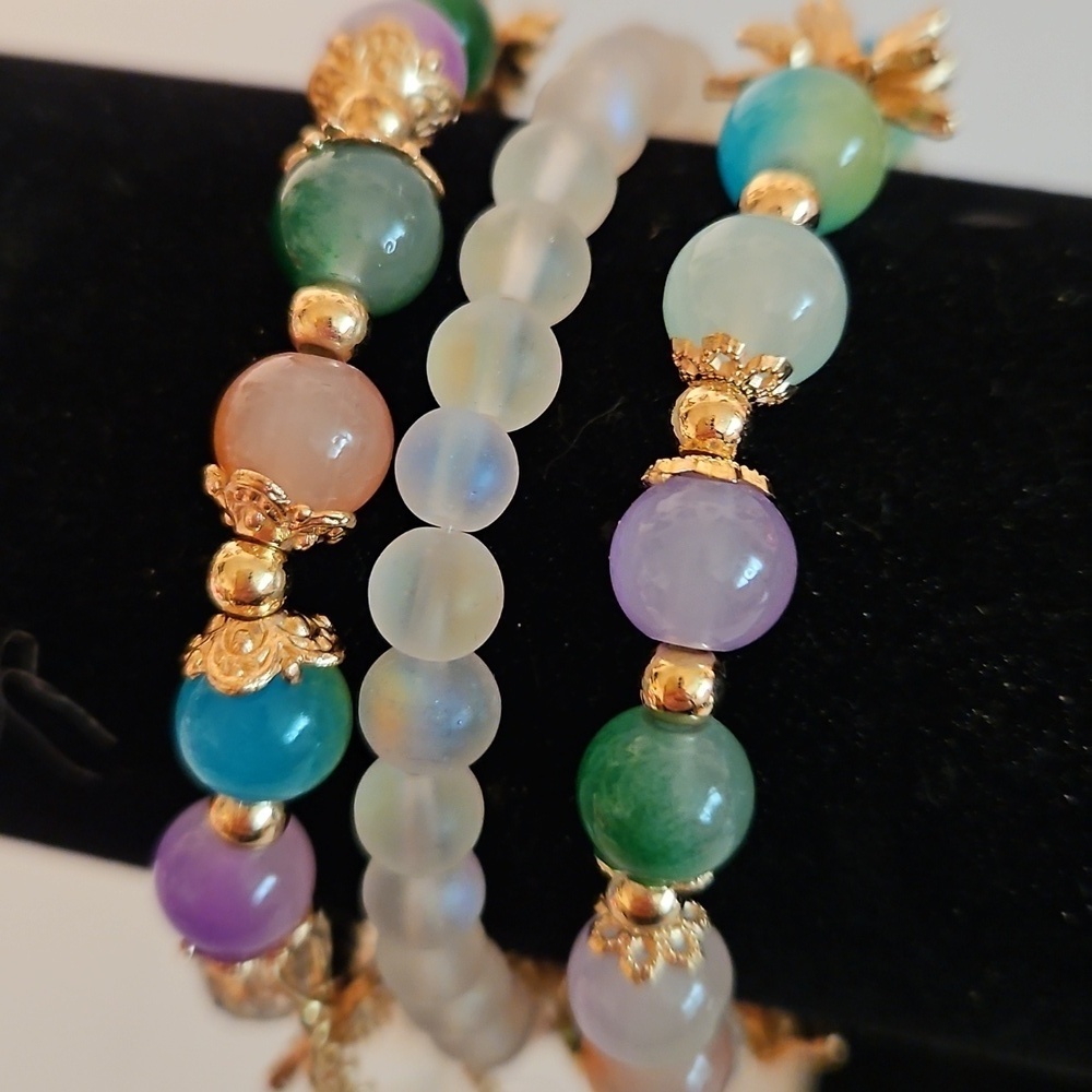 3 Multicolor Glass Beads w Butterflies, Flowers & Hearts on Stretch Bracelets
